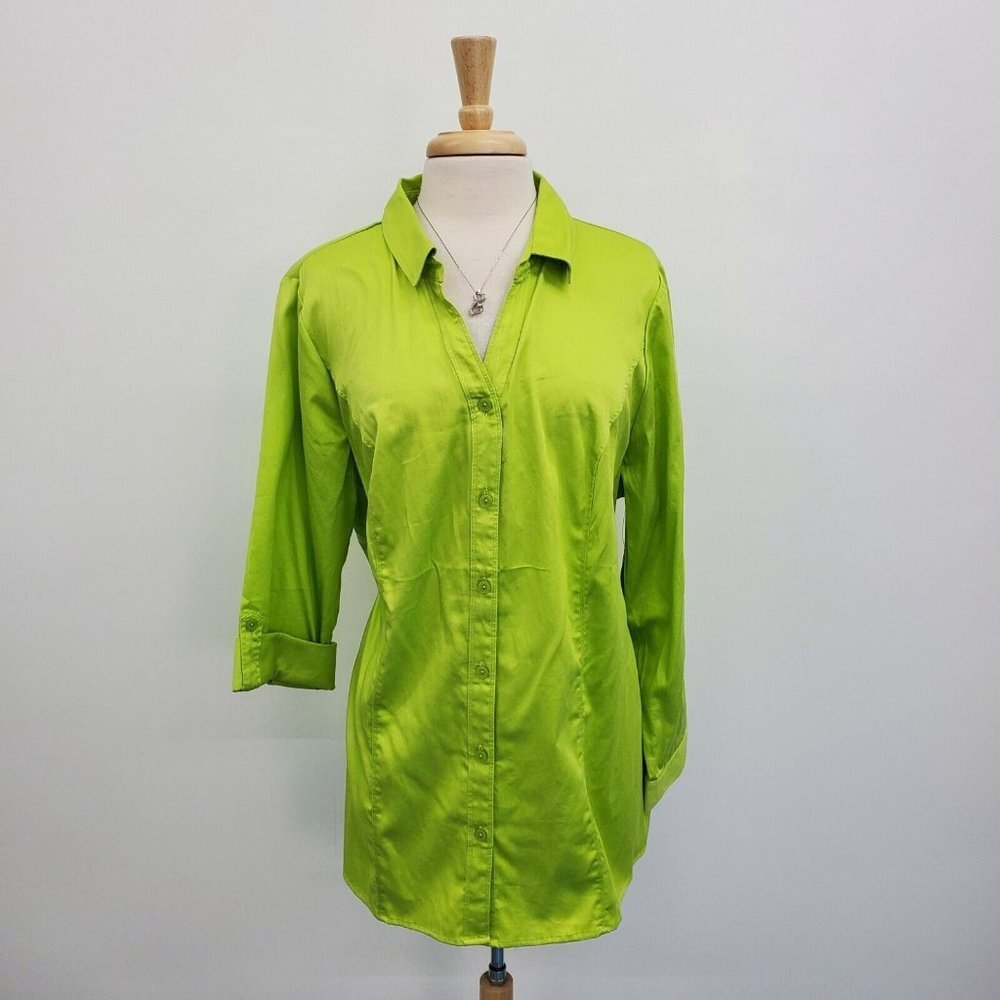 Catherines Womens Green Button Up Roll Tab Sleeve Blouse Top Plus Size 1X NWT